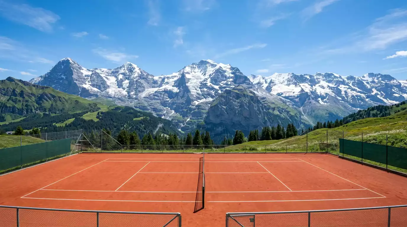 Pista de tenis de tierra batida con cielo nublado y montañas al fondo