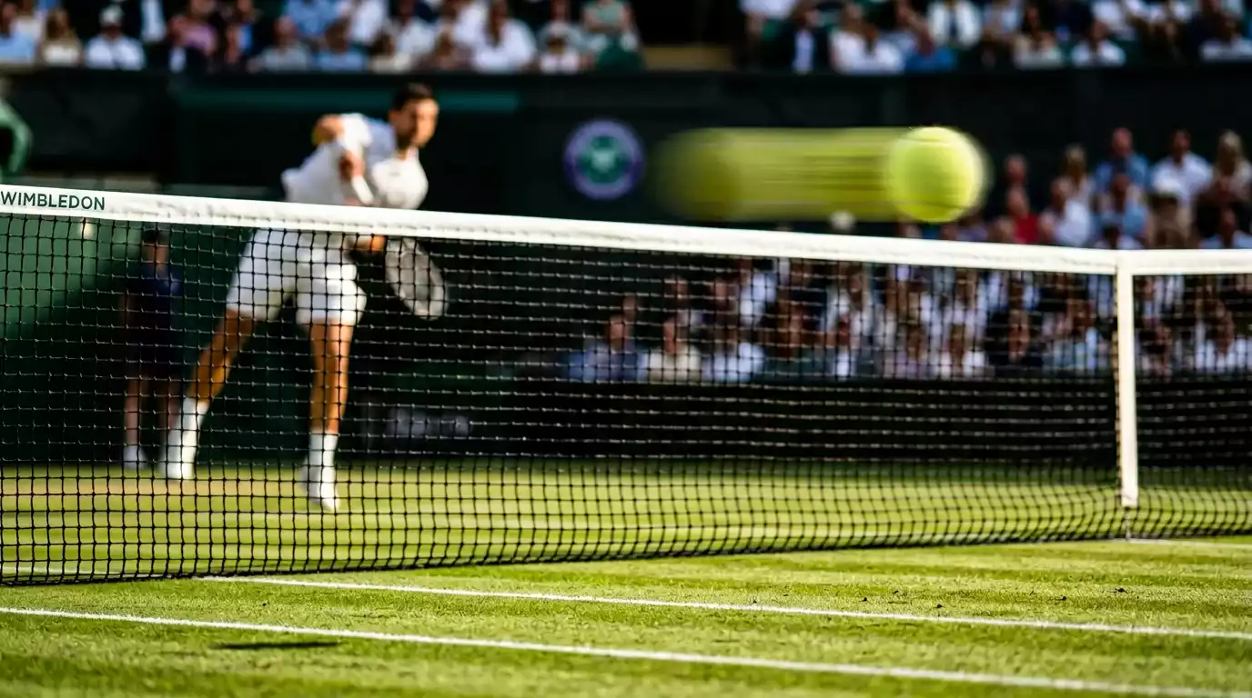 Pelota de tenis pasando la red a alta velocidad en un saque potente