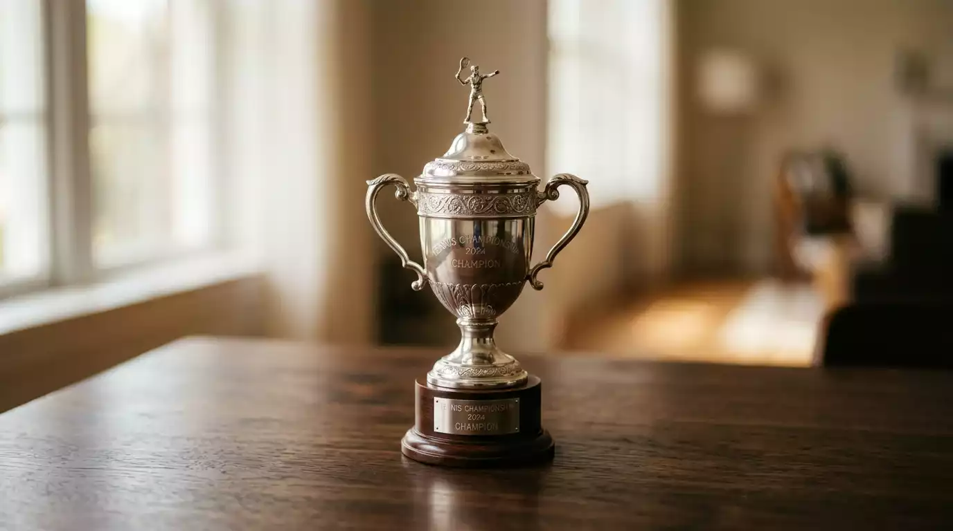 Trofeo de tenis dorado sobre mesa con calendario de torneos al fondo
