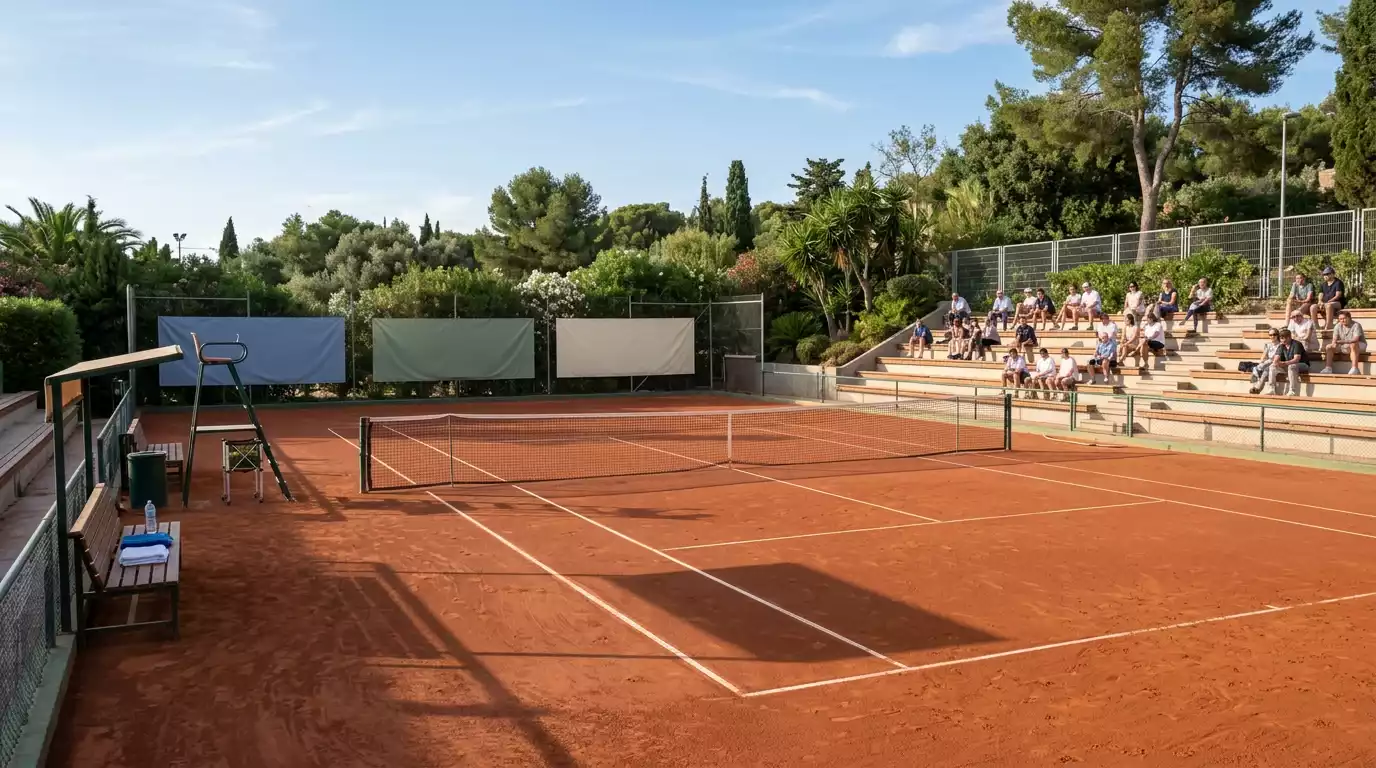 Pista de tenis de torneo menor con gradas pequenas y publico reducido