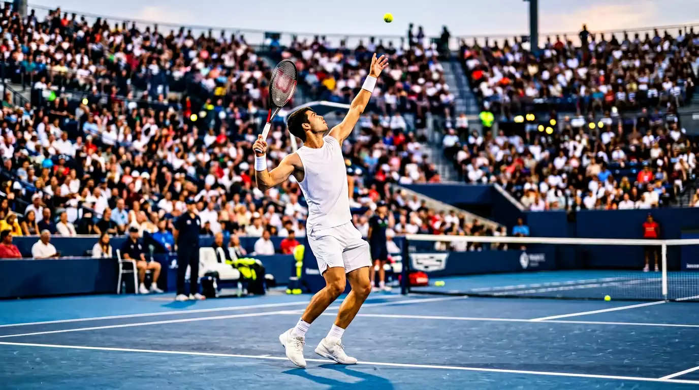 Partido de tenis masculino en pista dura con estadio lleno