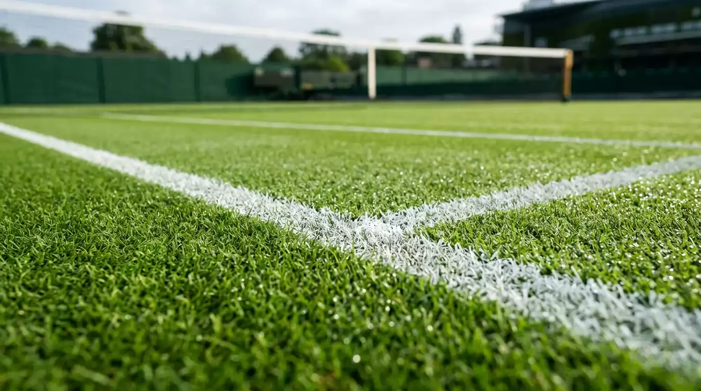 Pista de tenis de hierba verde impecable con lineas blancas marcadas
