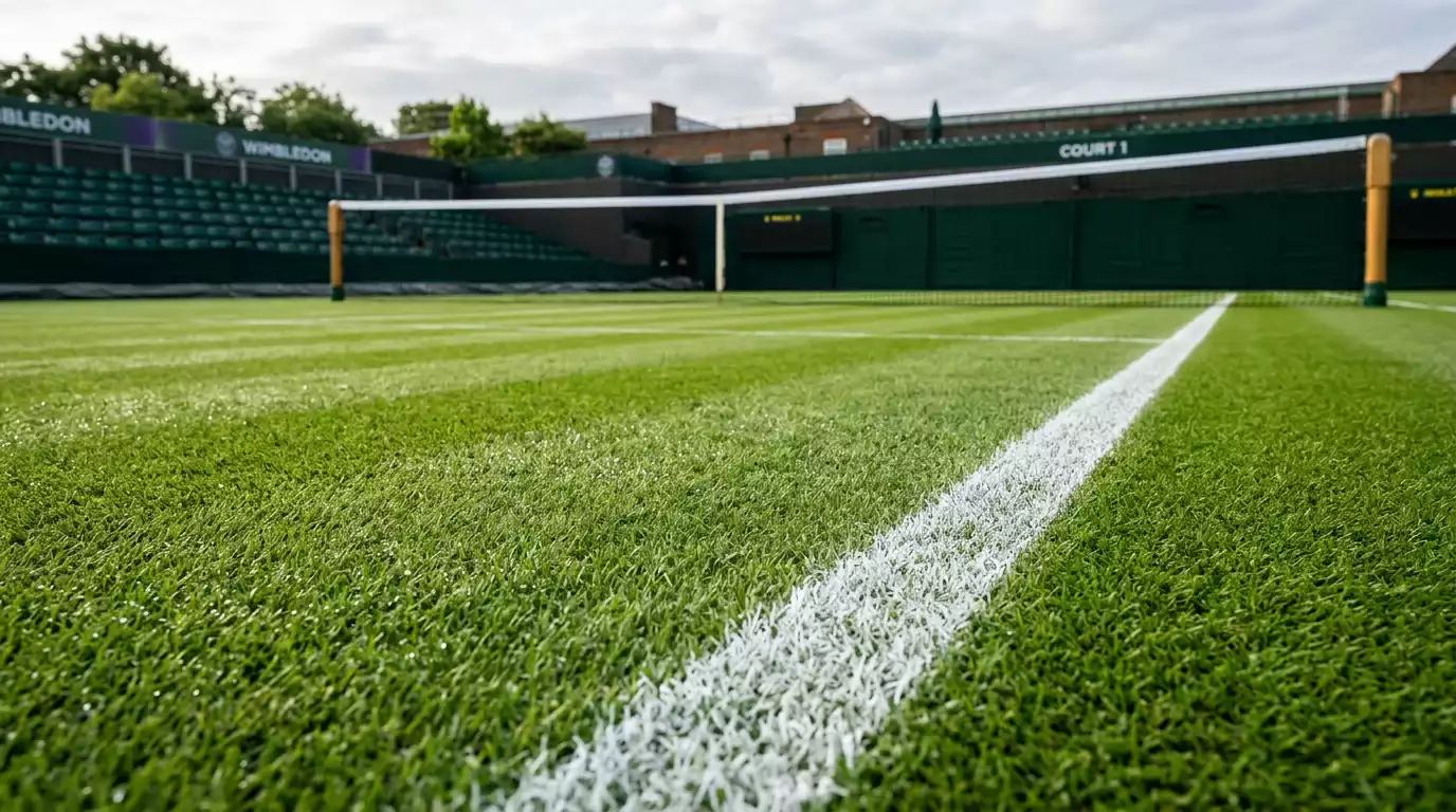 Pista de tenis de hierba con lineas blancas y red profesional
