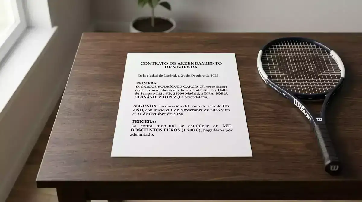 Documento oficial con sello junto a raqueta de tenis sobre escritorio