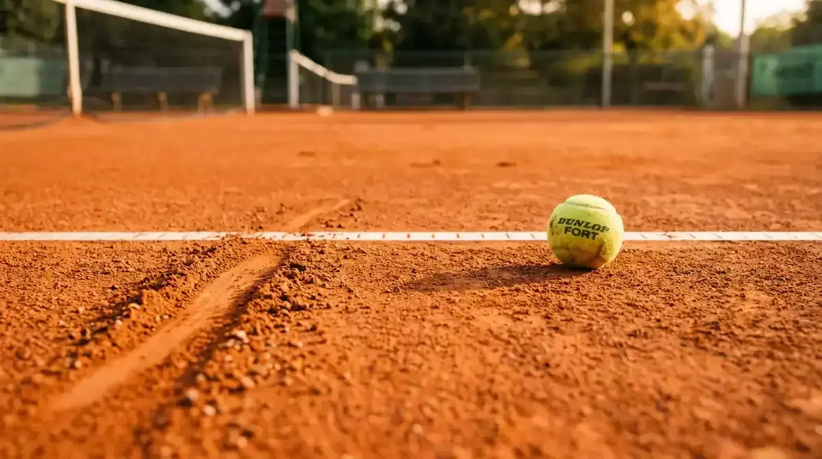 Pista de tenis de tierra batida con lineas blancas y marca de deslizamiento de jugador