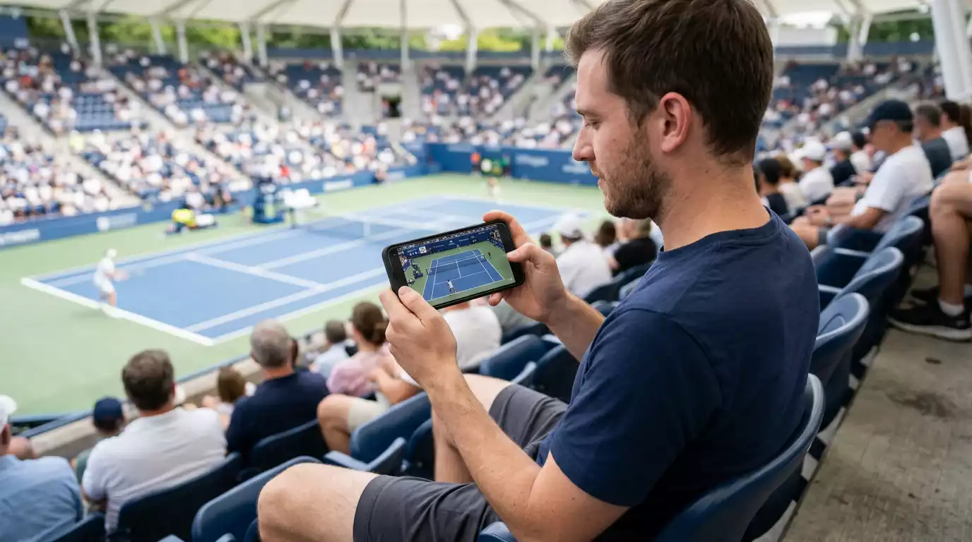 Aficionado viendo partido de tenis en smartphone en estadio