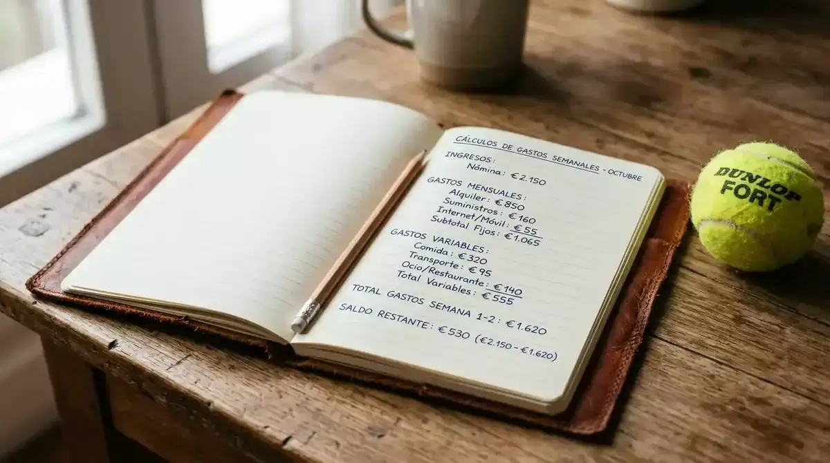 Libreta con calculos matematicos junto a pelota de tenis sobre escritorio