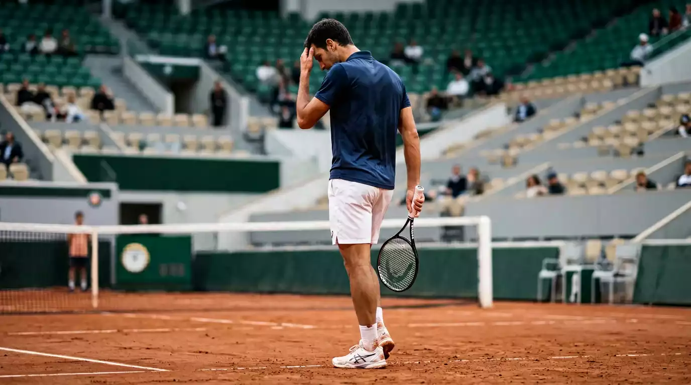Jugador de tenis mostrando frustracion tras error en el servicio