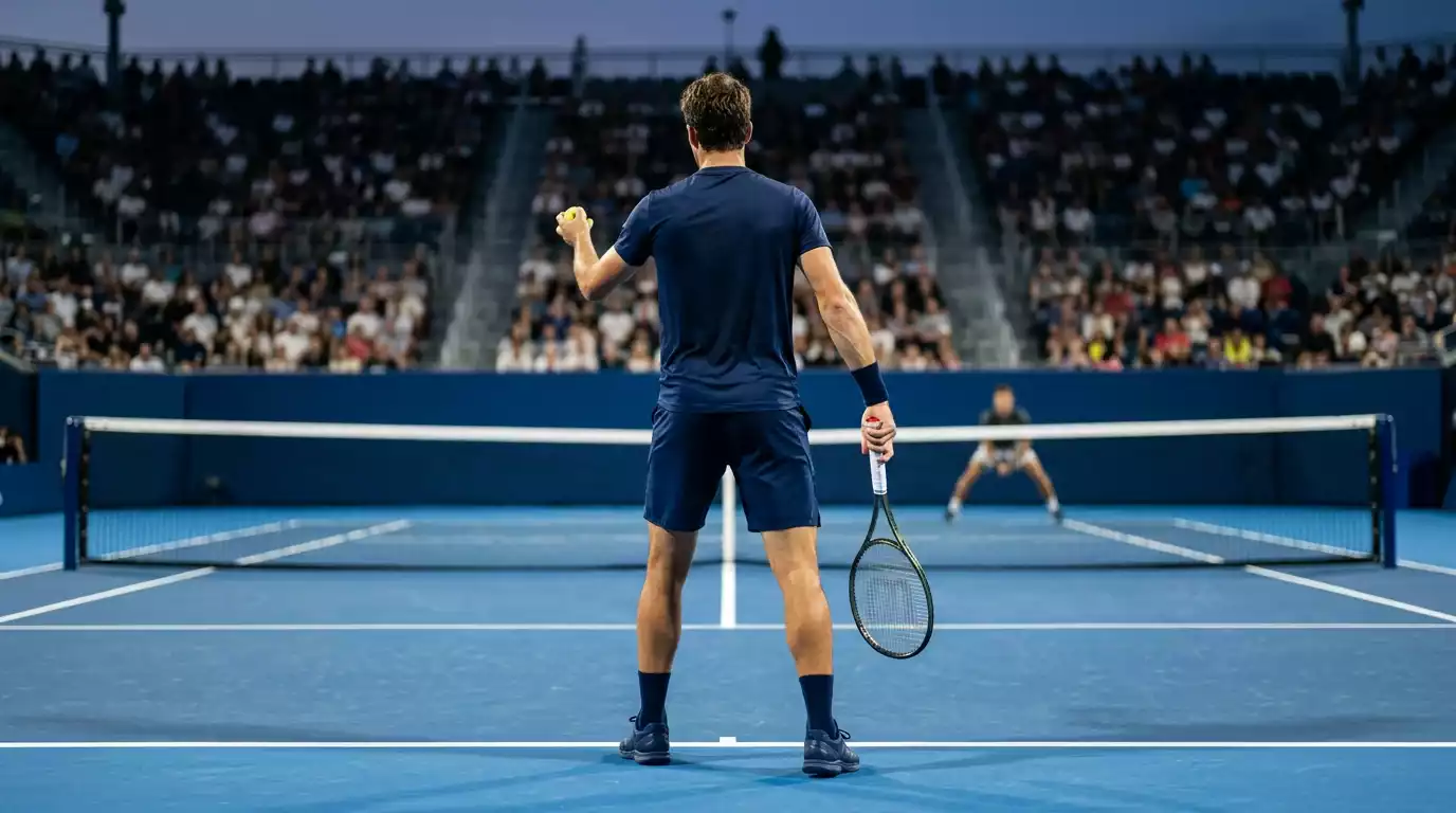 Jugador de tenis en posicion de servicio visto desde atras en pista dura