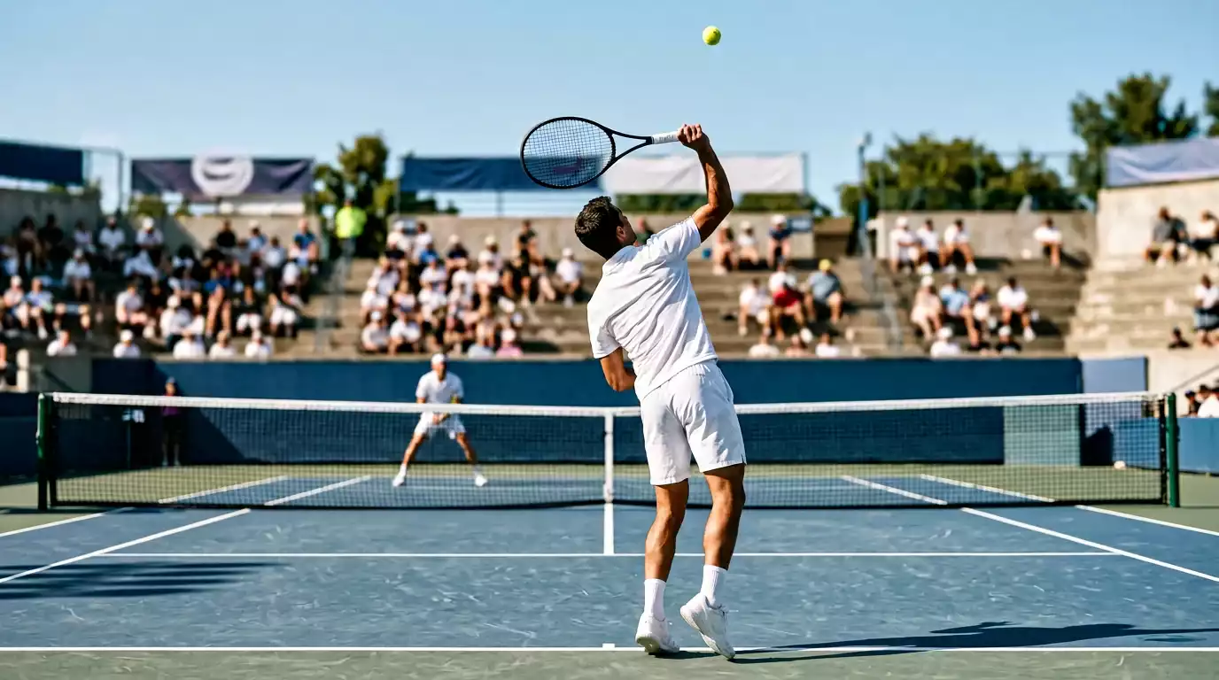 Jugador de tenis en posicion de servicio con raqueta elevada