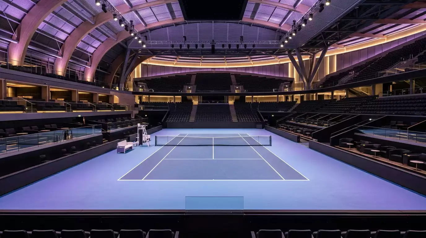Pista de tenis indoor iluminada para evento de gala