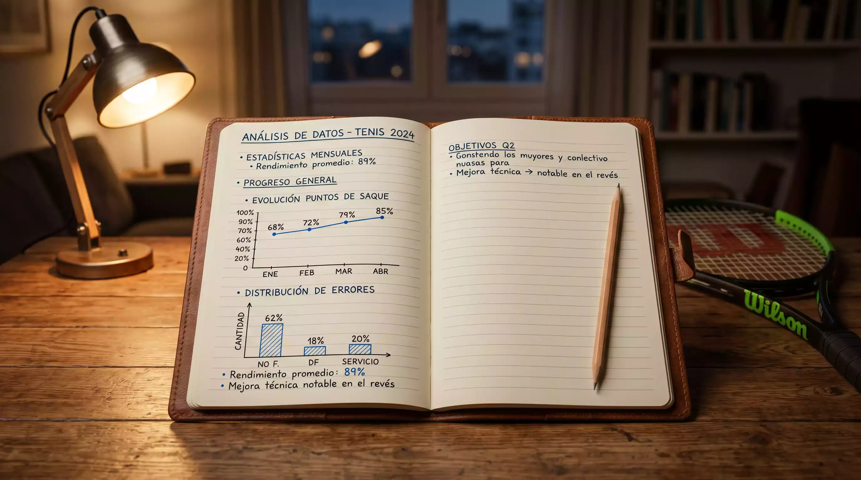 Libreta con anotaciones de apuestas junto a raqueta de tenis sobre escritorio