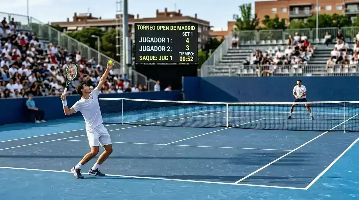 Pista de tenis con marcador electronico mostrando diferencia de juegos entre tenistas