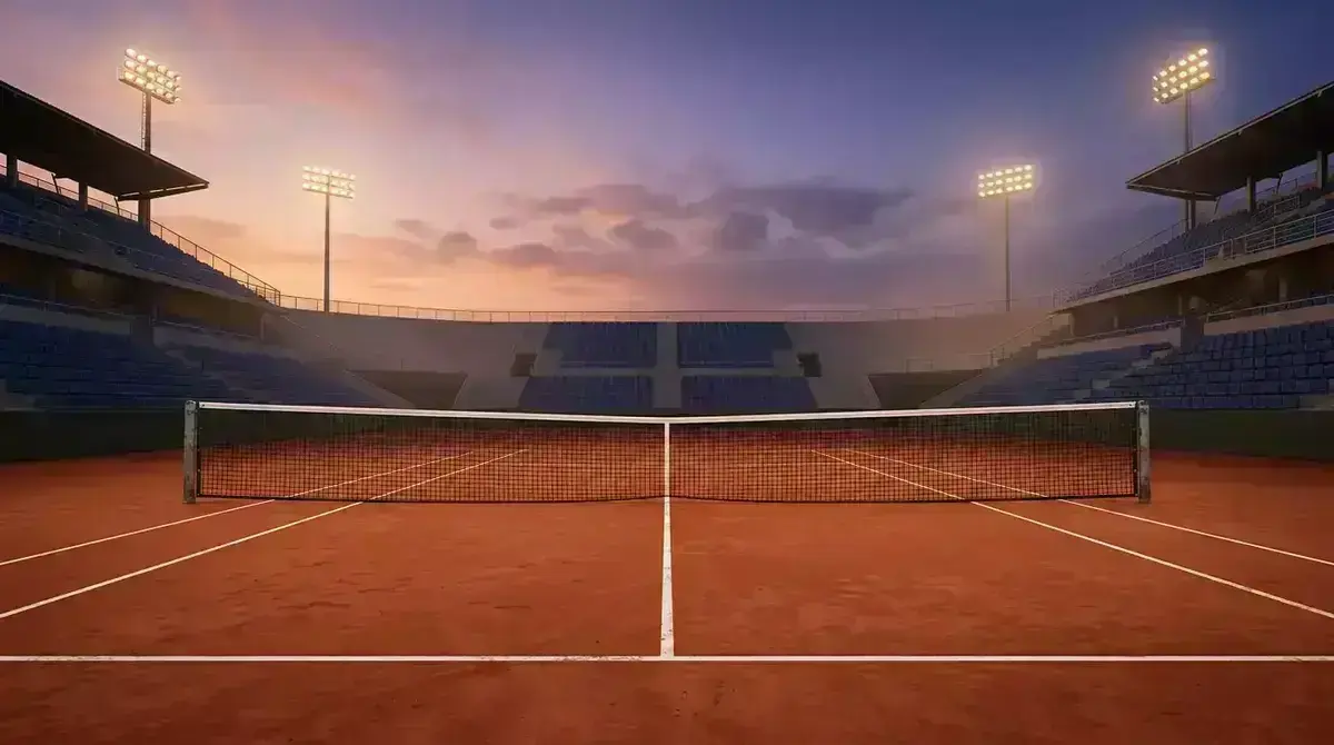 Pista de tenis profesional con red bajo iluminación de estadio