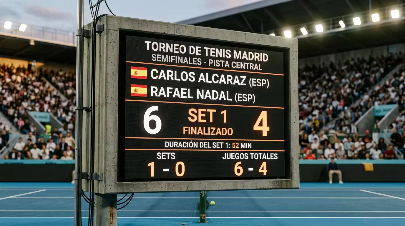 Marcador de tenis mostrando primer set completado en partido profesional
