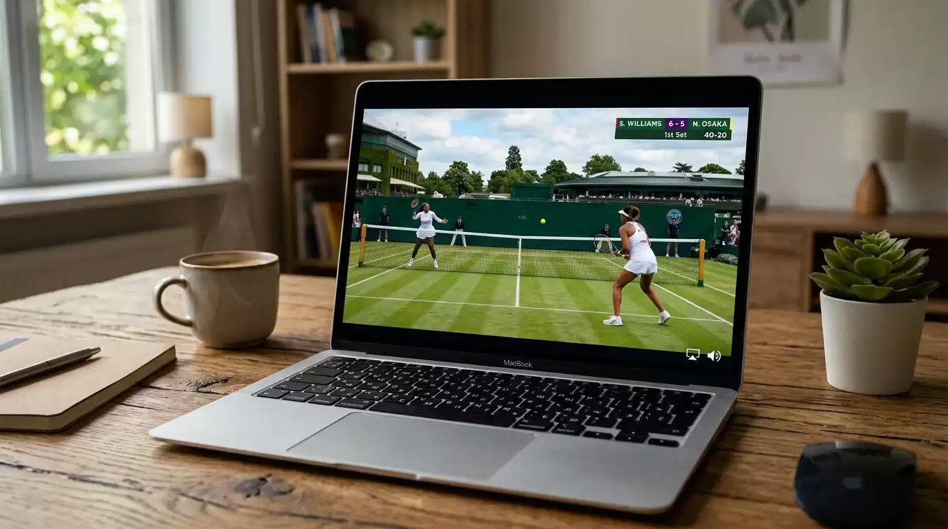 Pantalla mostrando un partido de tenis en vivo con pista de hierba