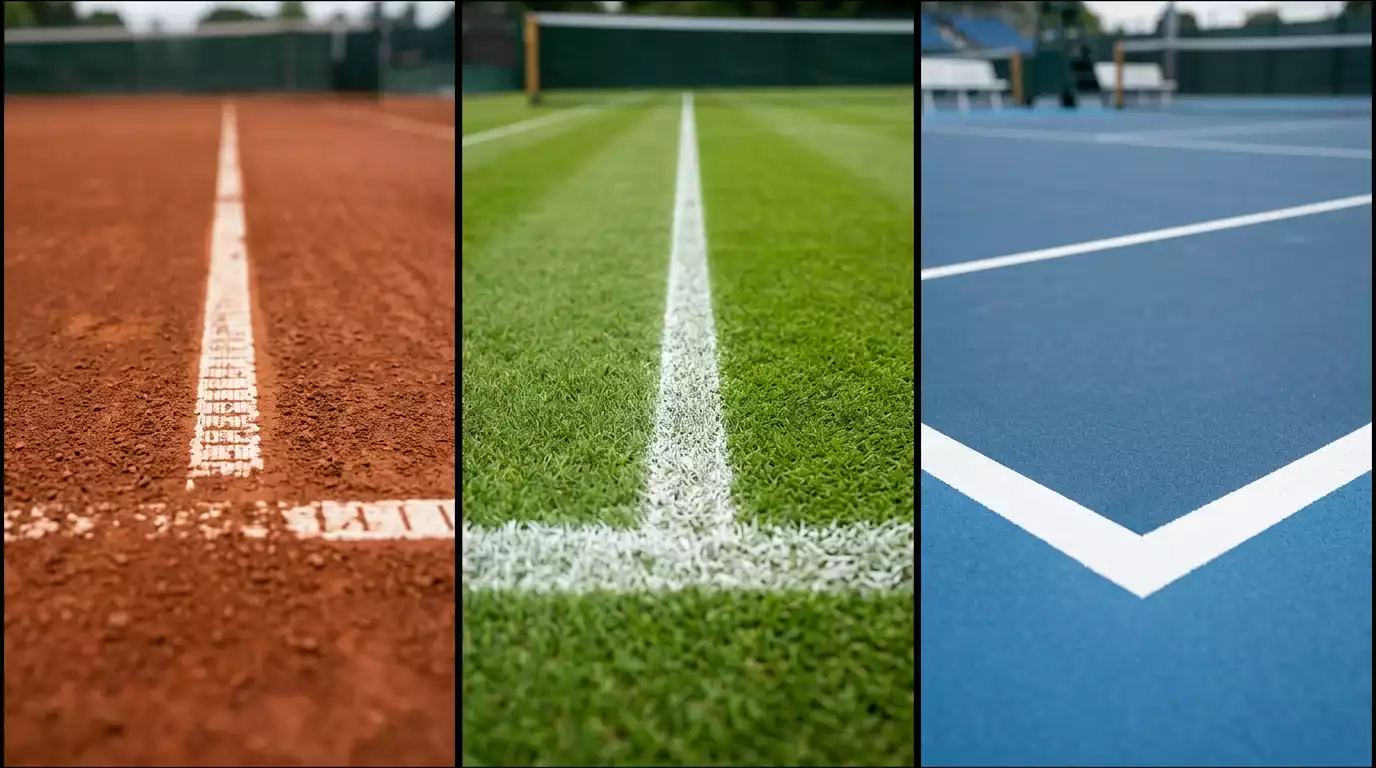 Tres tipos de pistas de tenis: tierra batida, hierba y pista dura